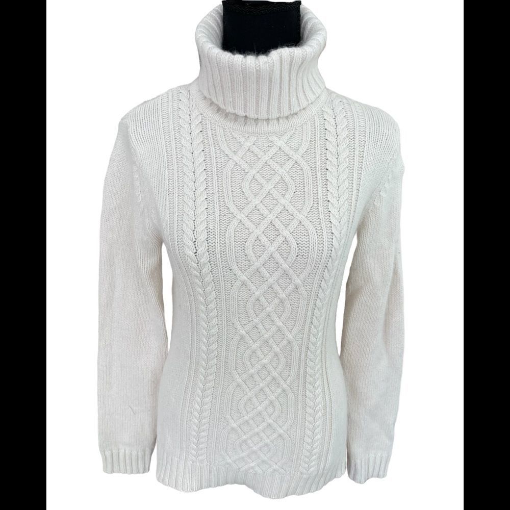 EDDIE Bauer off white cable knit front turtleneck sweater, angora blend, size S